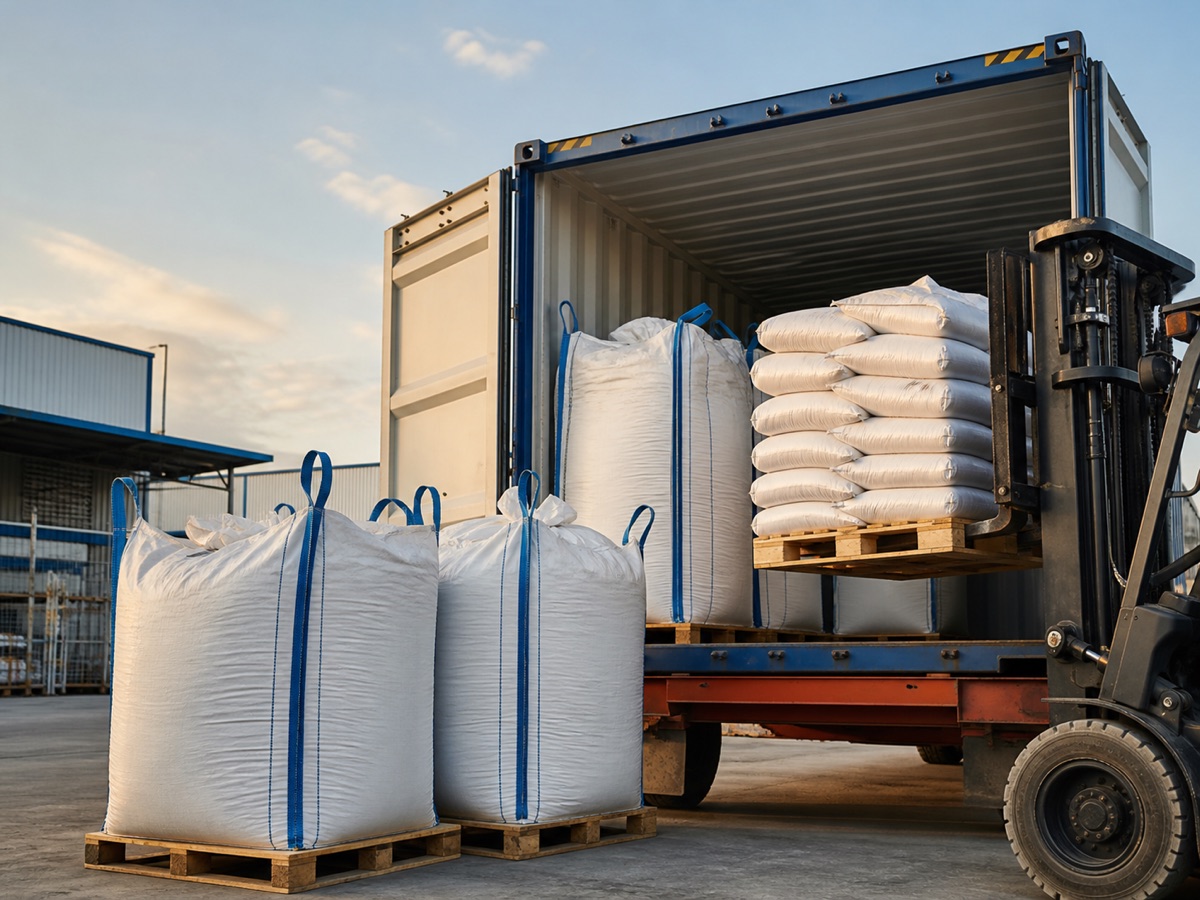 Bulk agricultural bags being loaded into a shipping container