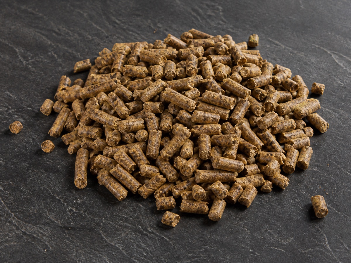 Mound of cylindrical compound livestock feed pellets