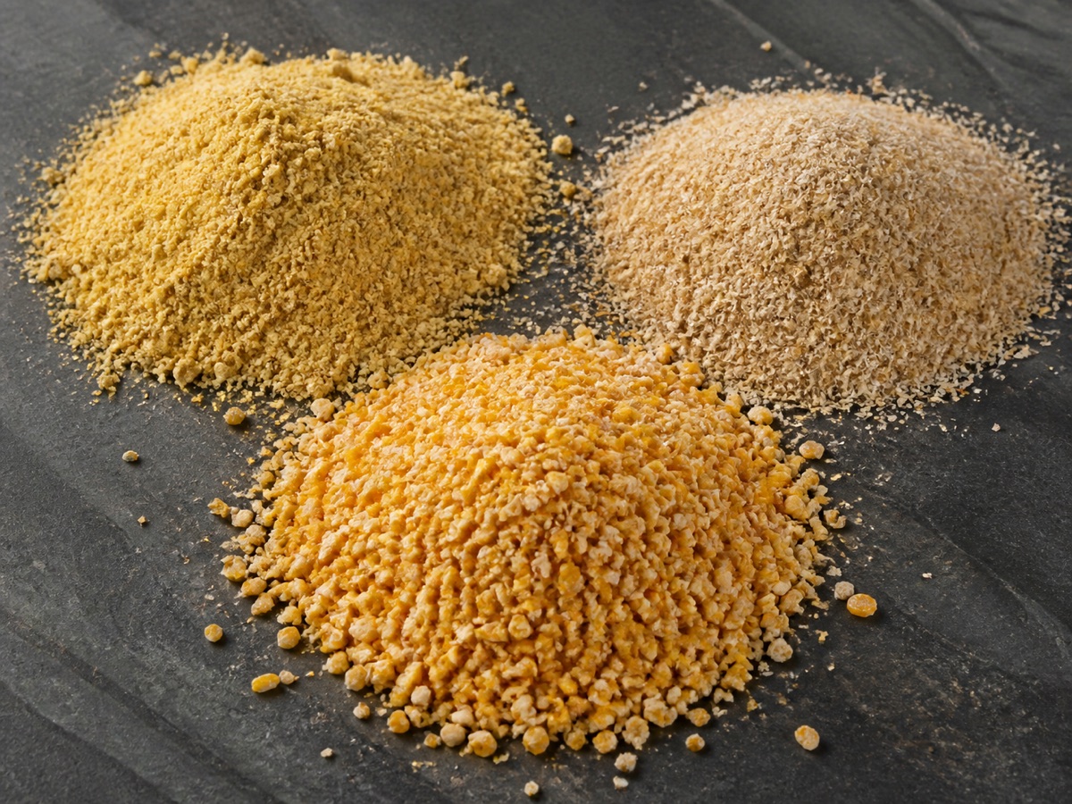 Soybean meal, rice bran and cracked maize used as animal feed ingredients