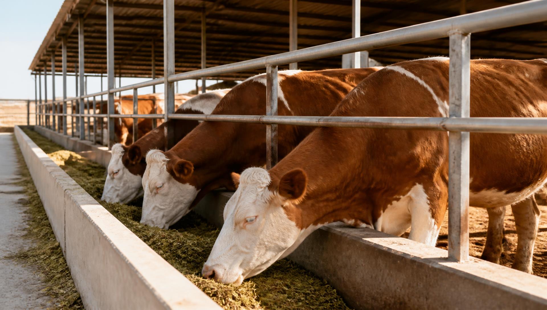 Cattle feeding at a clean trough on a well-kept farm