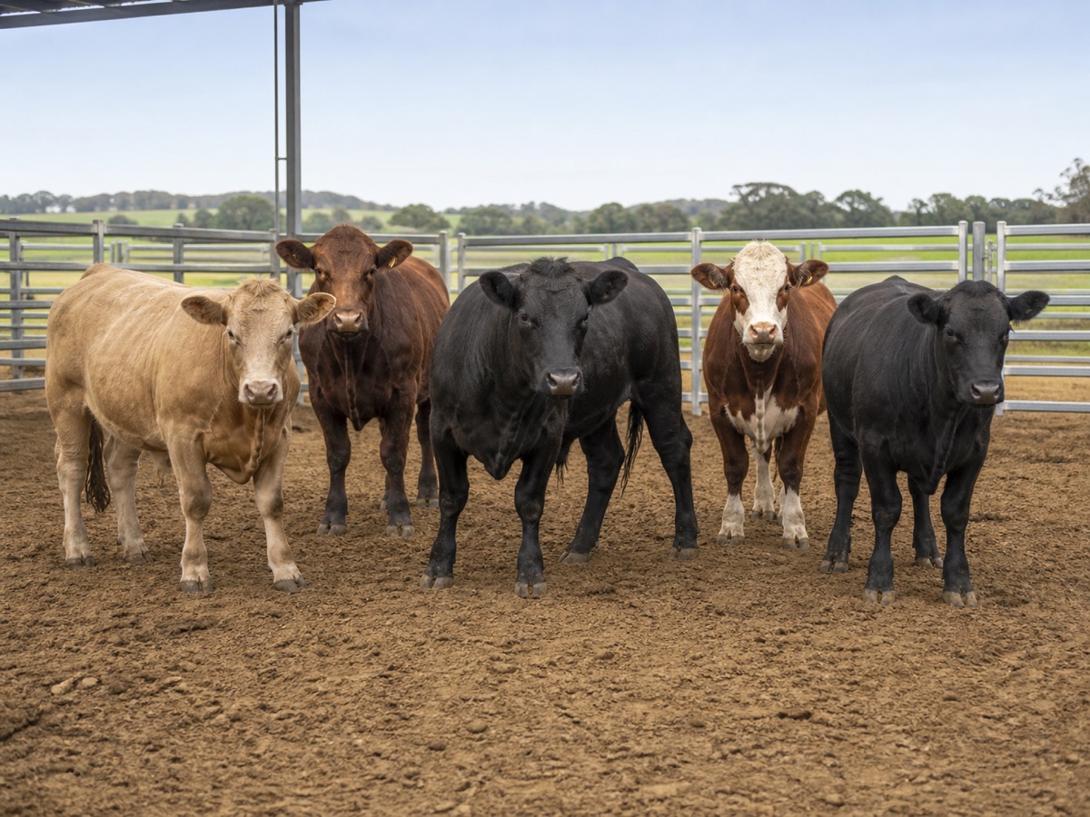 Healthy beef cattle in a clean open-sided holding pen