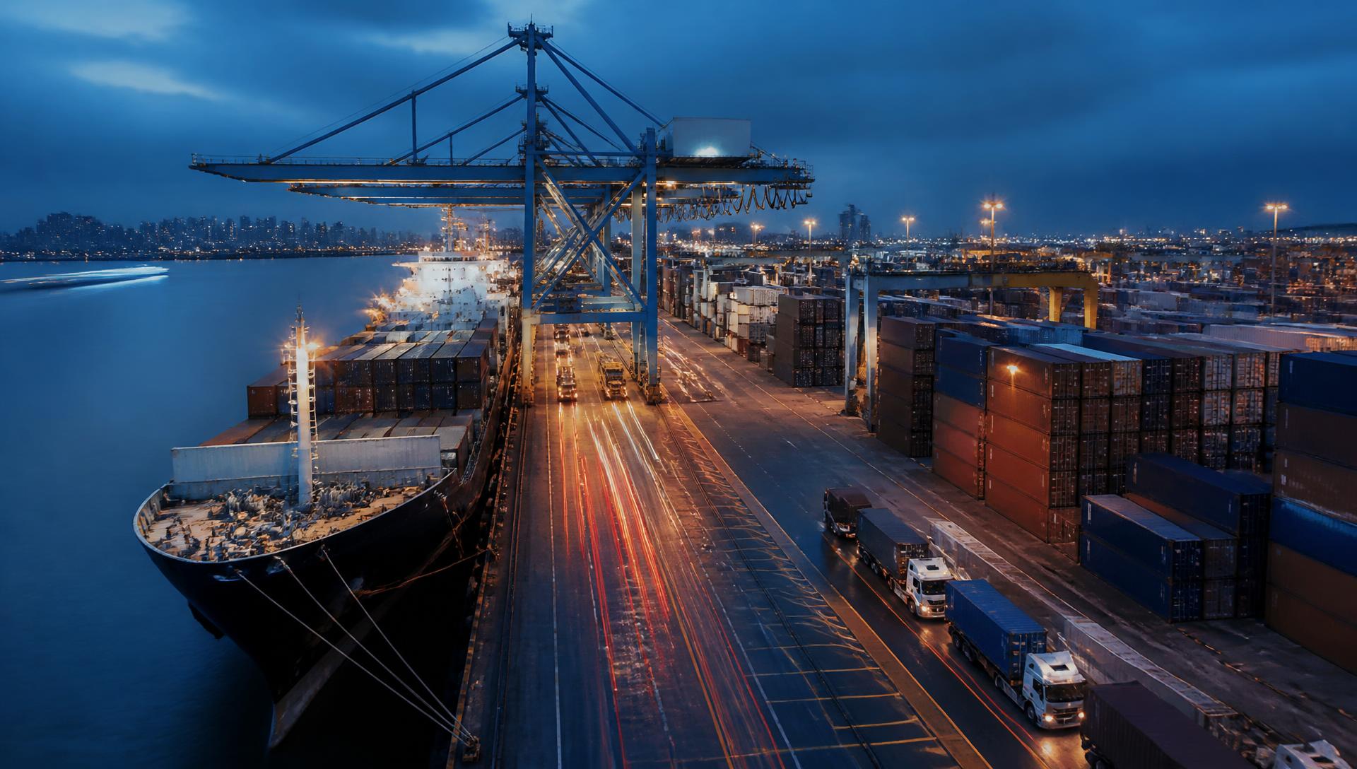 Container port at dusk with cranes loading a cargo vessel and trucks on the quay