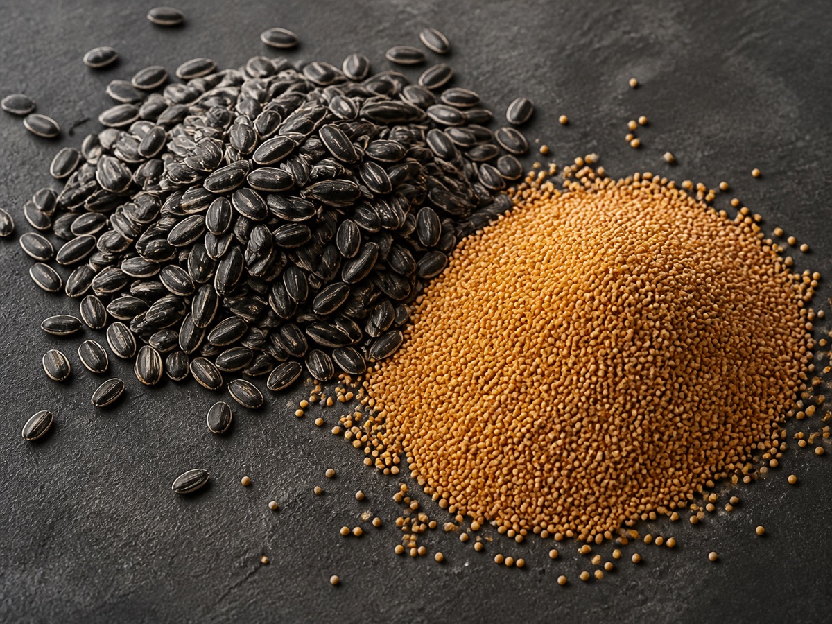 Black sunflower seeds and golden rapeseed representing agricultural raw materials