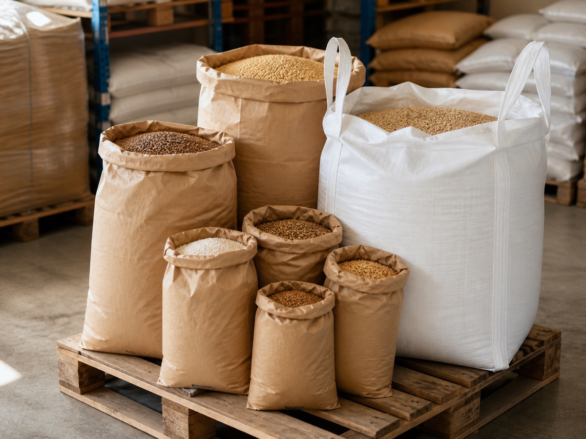 Packaged agricultural grains in paper sacks and a woven bulk bag
