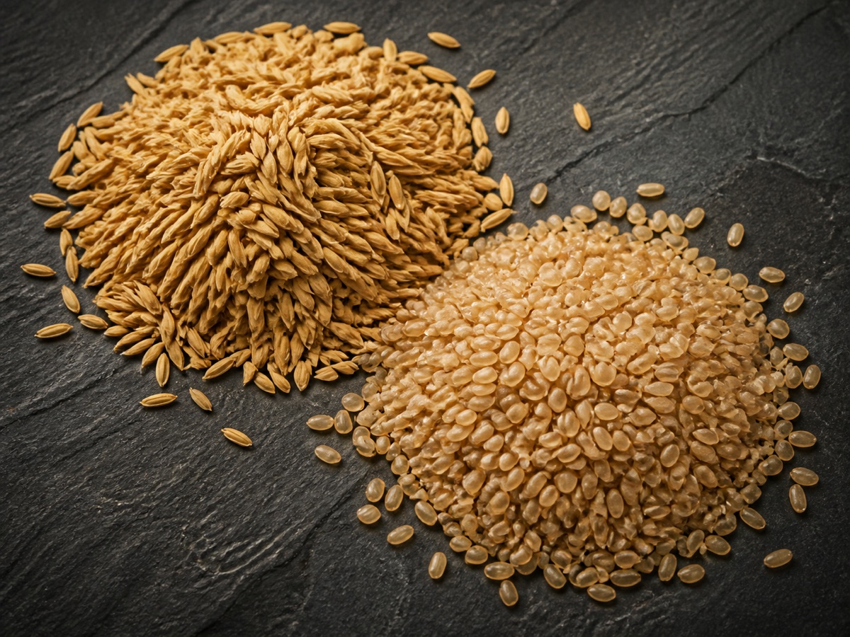 Paddy rice and brown rice grains arranged in separate mounds