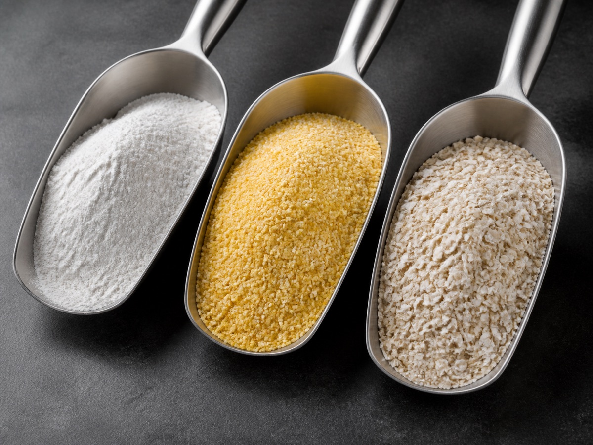 Processed rice flour, maize meal and grain flakes in stainless steel scoops