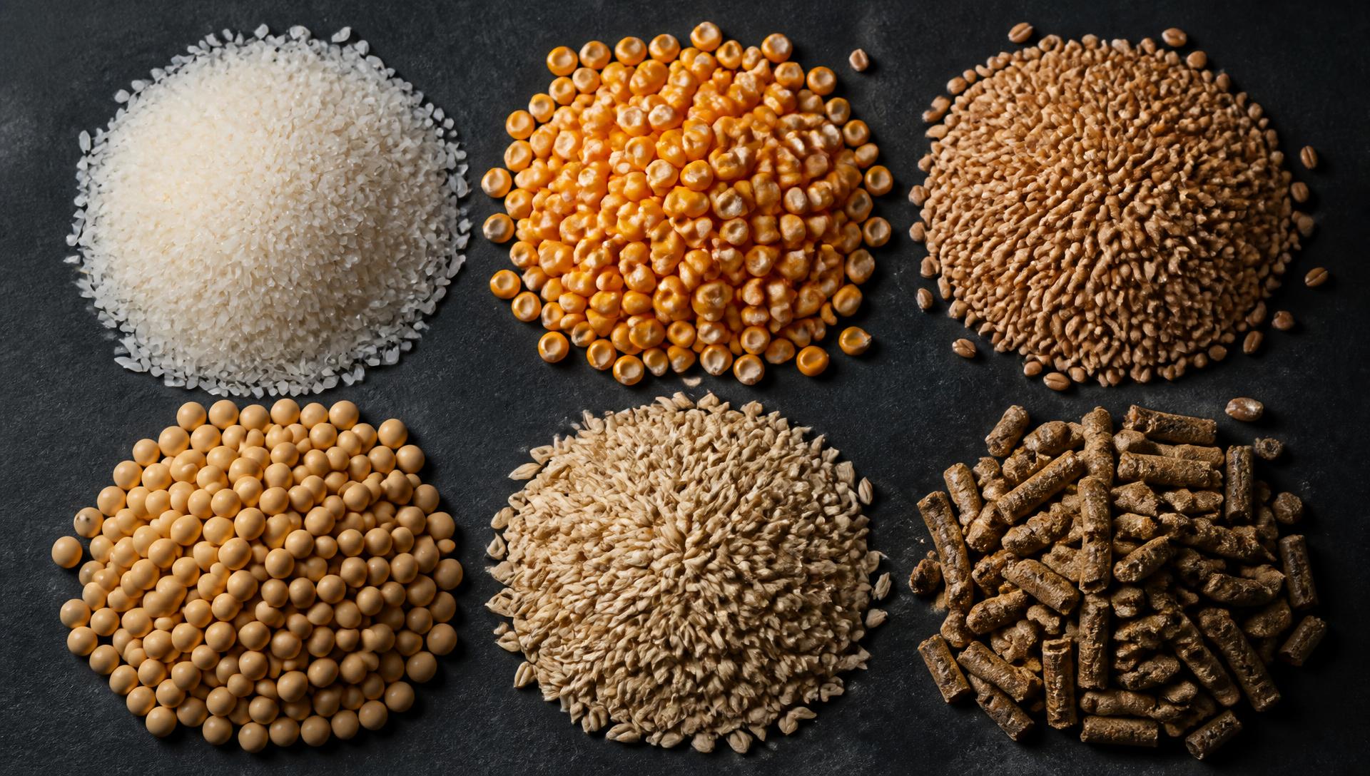 Rice, maize, wheat, soybeans, barley and pelleted feed arranged on a dark surface