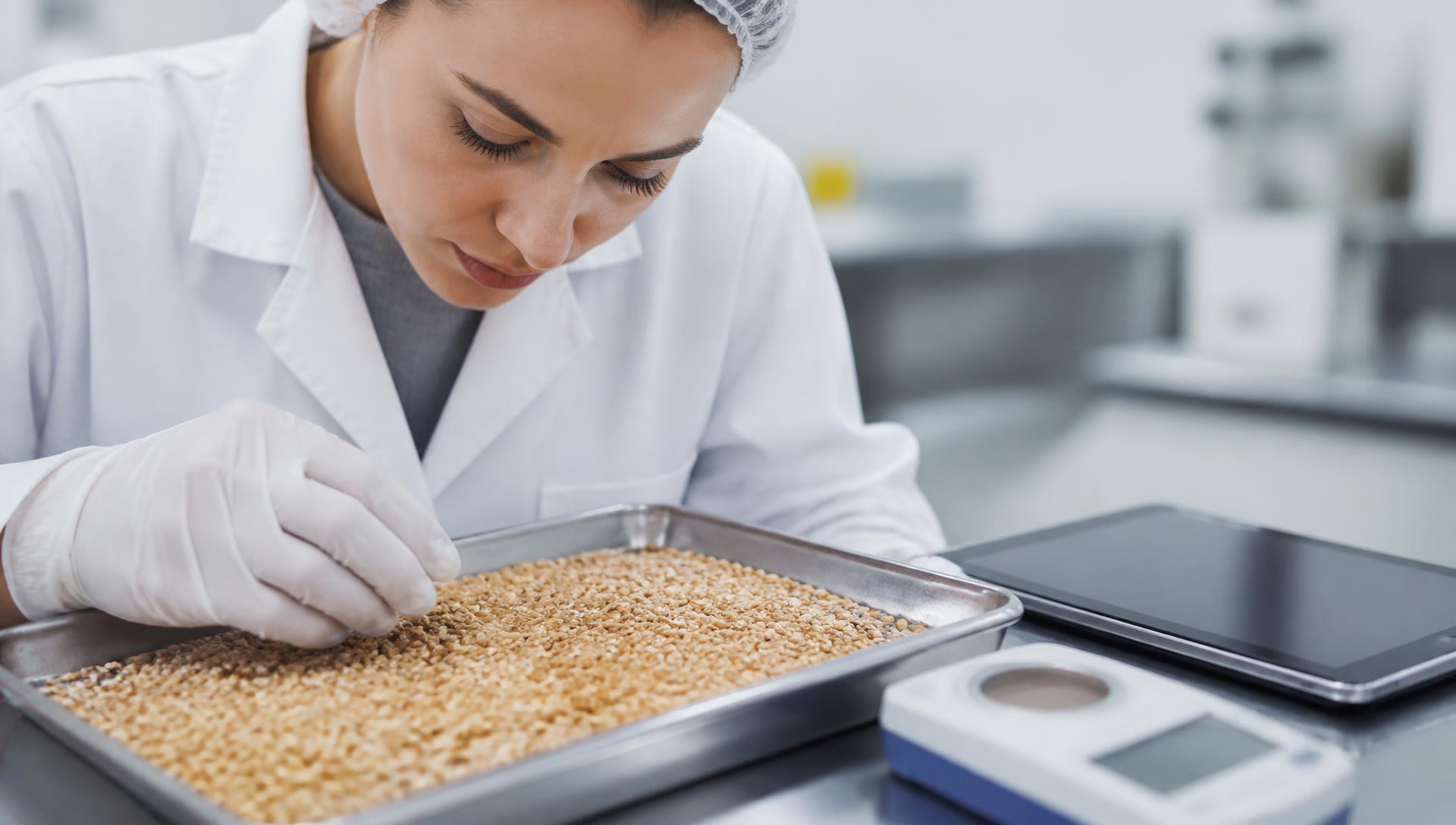 Quality-control technician examining a grain sample on an inspection tray