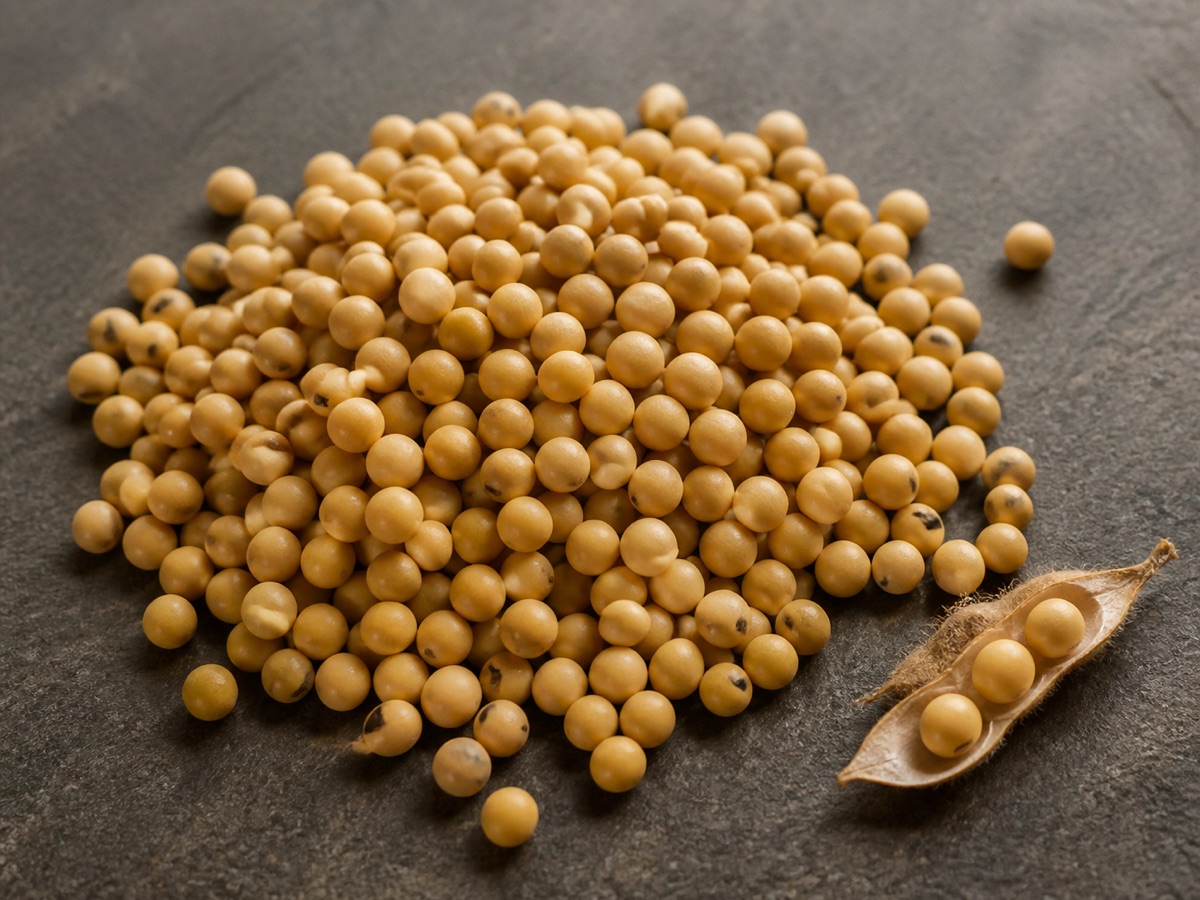 Dried soybeans with an opened soybean pod