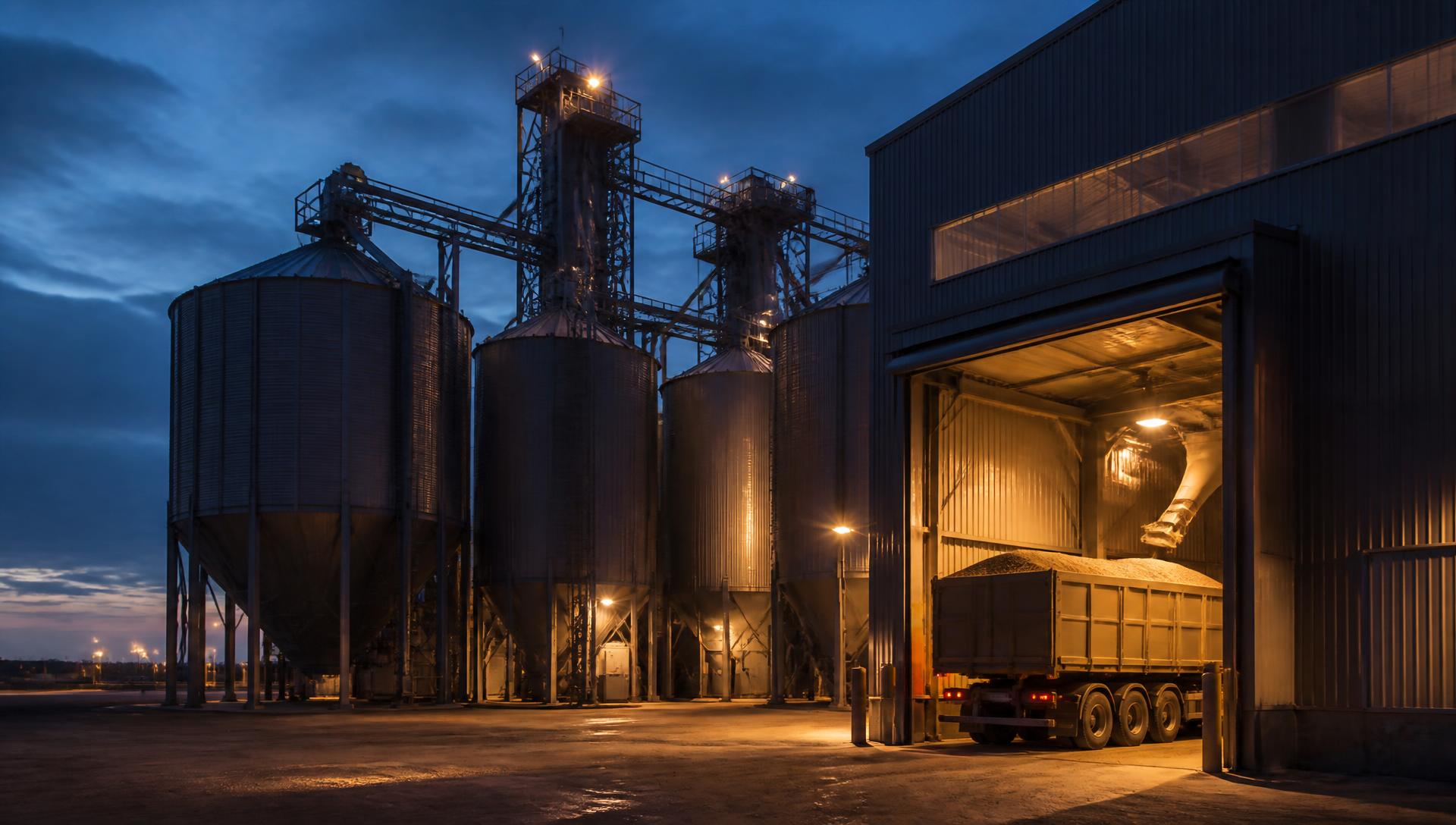 Grain silos and a loading bay filling a bulk truck at dusk