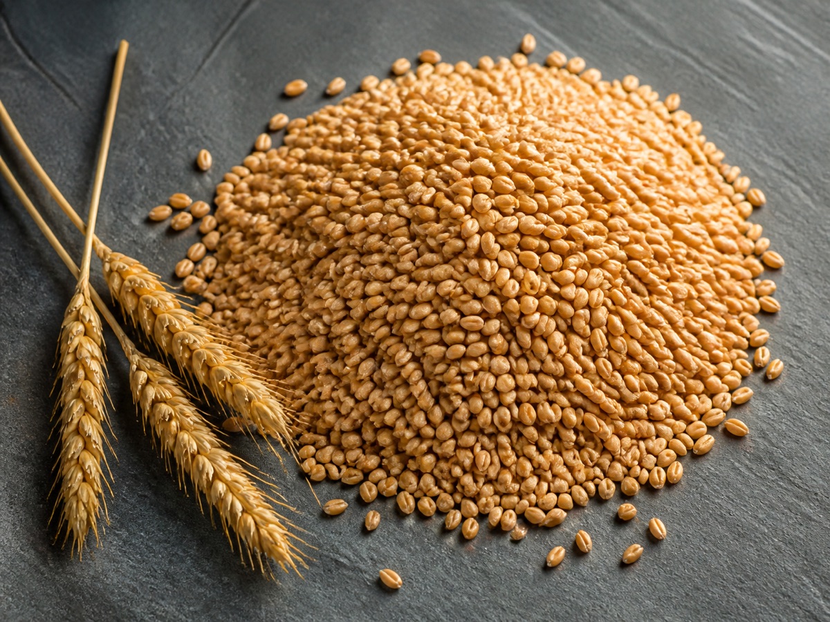 Whole wheat grains with ripe wheat ears
